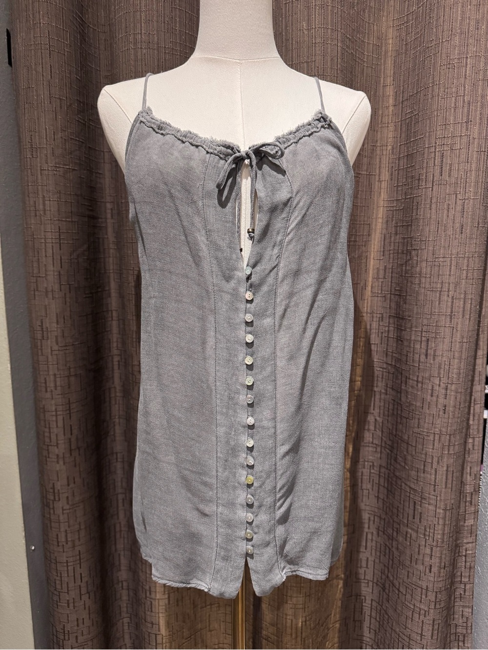 Gypsy 05 Light Gray Button-Front Spaghetti Strap Top - Size S